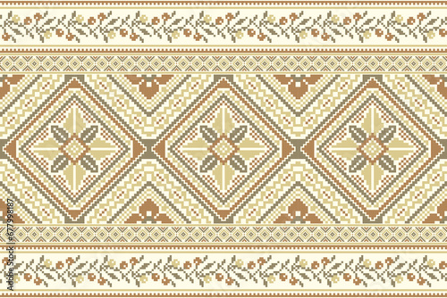 flower embroidery on cream background. ikat and cross stitch geometric seamless pattern ethnic oriental traditional. Aztec style illustration design for carpet, wallpaper, clothing, wrapping, batik.