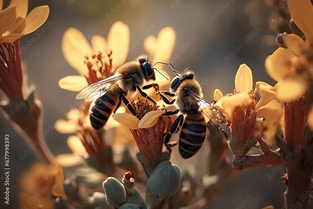 Photograph of bees collecting nectar with flowers - obrazy, fototapety, plakaty 