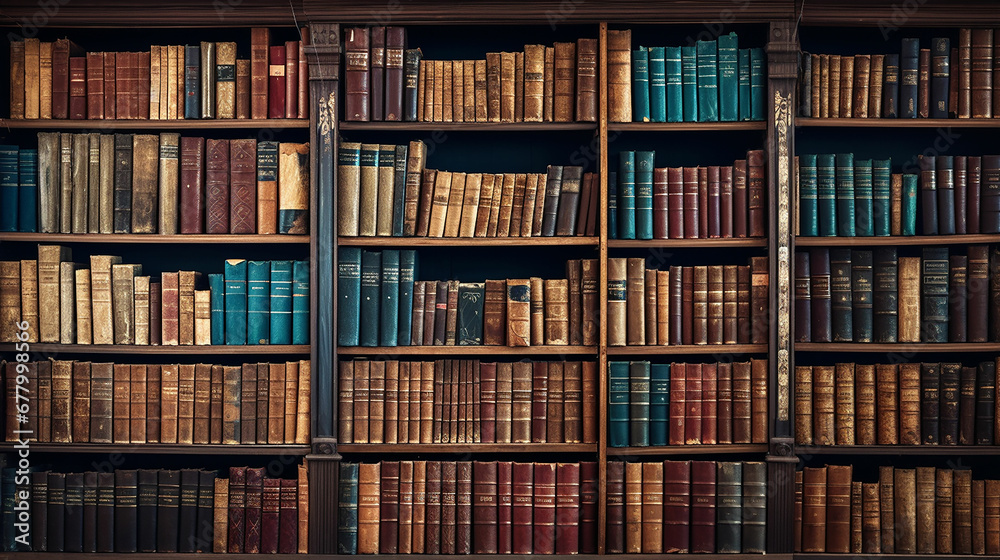 bookshelf background Many old books in a book shop or library. Made with generative ai