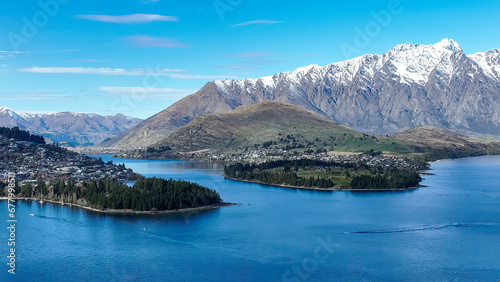 Tablou pe pânză Drone panoramic view of the bays and inlets at Queenstown town at the southern e