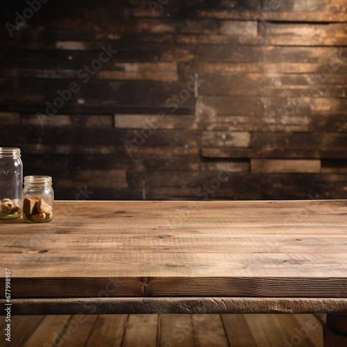 old wooden table, An empty wooden table positioned against a backdrop of a warehouse, ideal for varied product display, softly blurred to emphasize products,