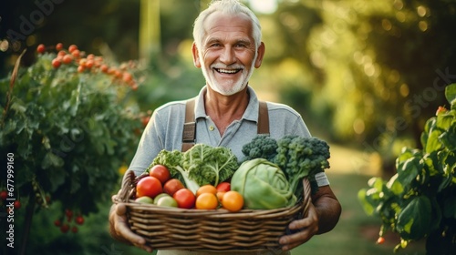 Senior person holding a basket of vegetables, smiling retired mature elderly man in his garden with crop of vegetables