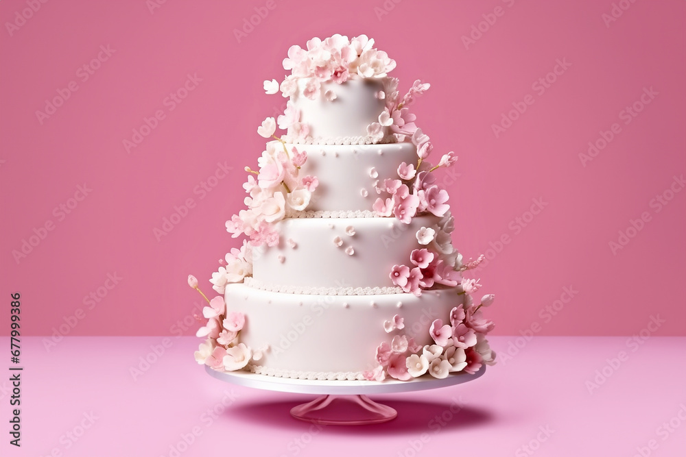 Four-tier cake with flowers on a pink background close-up. Four-tier cake with flowers on a pink background close-up.