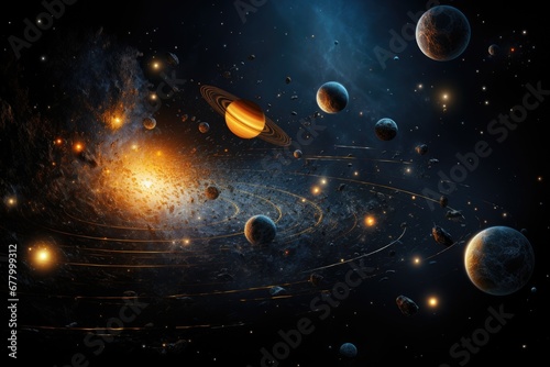 Image showing the solar system and various space objects.by Generative AI © chartchai