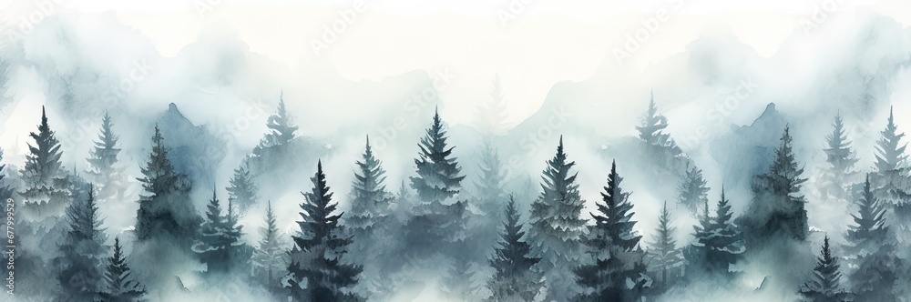 Fototapeta premium Enchanting woodlands. Misty morning in nature embrace. Mystical pine grove. Fog kissed mountains in early light. Ethereal wilderness. Serene forest blanketed in morning mist