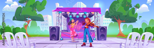 Outdoor music festival concert with stage in park. Street musician band with microphone and violin on party. Public performance with singer artist. Urban entertainment with woman on celebration