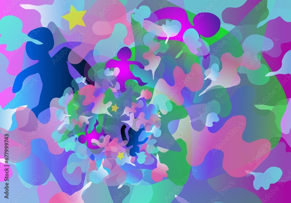 abstract colorful background with bubbles and small people