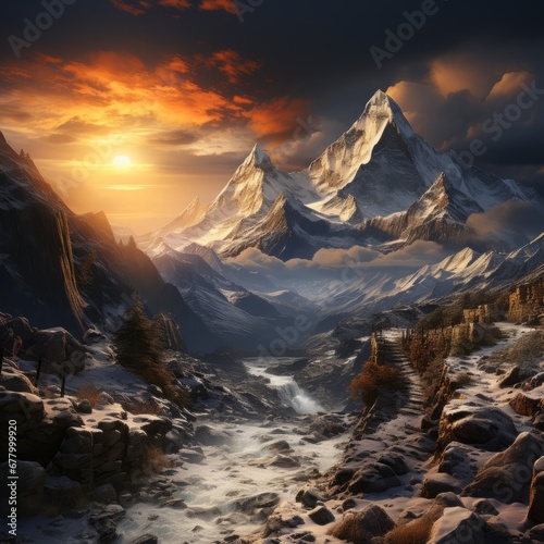 Majestic mountain peak in tranquil winter landscape 