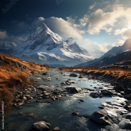 Majestic mountain peak in tranquil winter landscape 