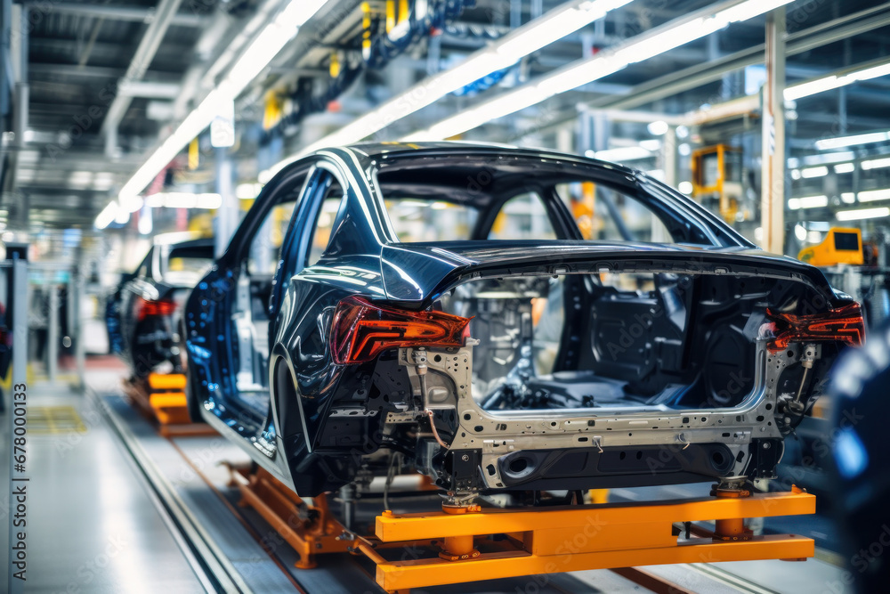 Car production line. Assembling a car on a conveyor belt. Close-up of a car body. Automotive industry Interior of a high-tech factory, modern production.