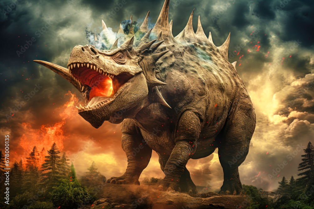 Fototapeta premium A terrible dinosaur Triceratops with an open huge mouth against a background of fire and smoke in the burning primeval jungle. Death of the dinosaurs.
