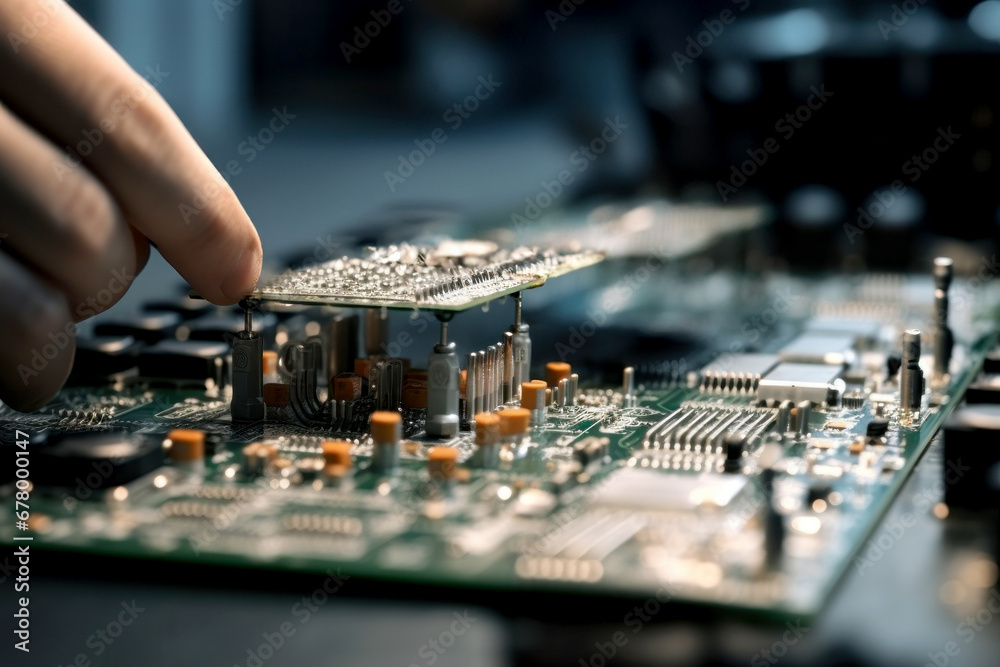 A man in a factory assembles and tests an electronic board. Modern production of electronic components. A man in a factory assembles and tests an electronic board. Modern production of electronic components.