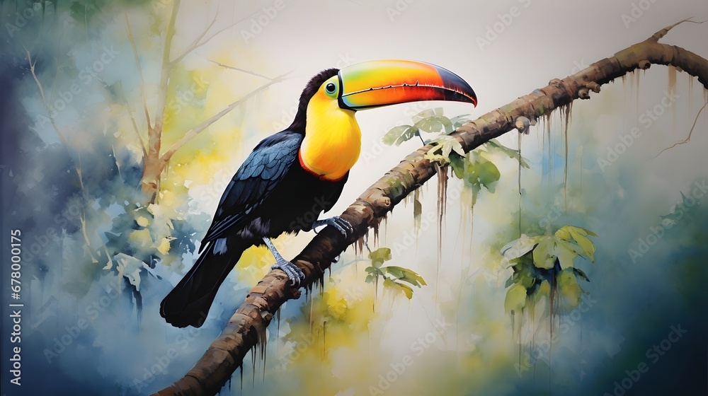 Tucan Perched On A Tree In The Amazon Rainforest Jungle.  Generated with AI. - obrazy, fototapety, plakaty 
