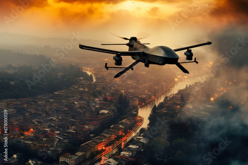 Military drone in flight observing positions. An unmanned aerial vehicle against the backdrop of a burning city. War. Reconnaissance and attack. Modern weapons.