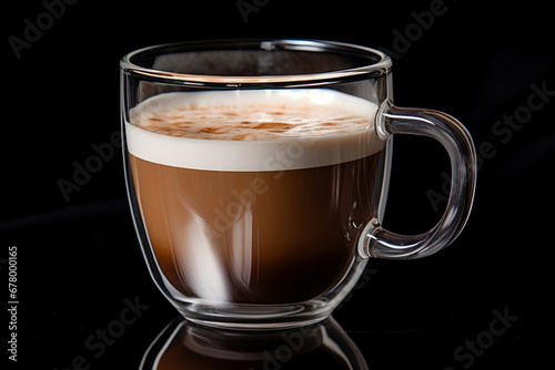 Photo of a close-up view of a steaming cup of coffee on a shiny tabletop