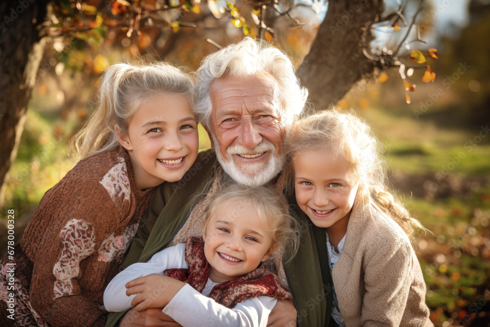 Fototapeta premium Meeting of grandfather and grandchildren. An elderly man and his grandchildren are happy together. They hug and rejoice at meeting each other. Caring for the elderly. Children visit old people.