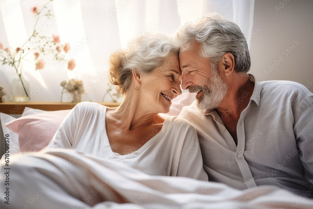 Love lives forever. Senior couple at home. Handsome old man and attractive old woman are enjoying spending time together while lying in bed. Love lives forever. Senior couple at home. Handsome old man and attractive old woman are enjoying spending time together while lying in bed.