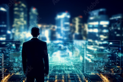 A man in a suit standing in front of a cityscape. Business in a modern big city. Infographics.