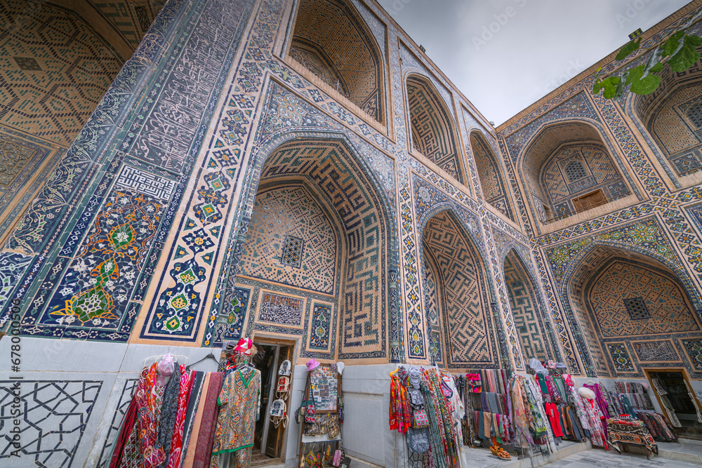 Souvenir shops at the Registan square in Samarkand, Uzbekistan.