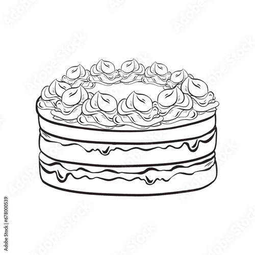 Hand-drawn vector. Ink. Delicious cake adorned with meringue cream. Buttercream roses. Tender layers, flavorful filling - cream. Perfect for festive vibes, birthdays, anniversaries, weddings