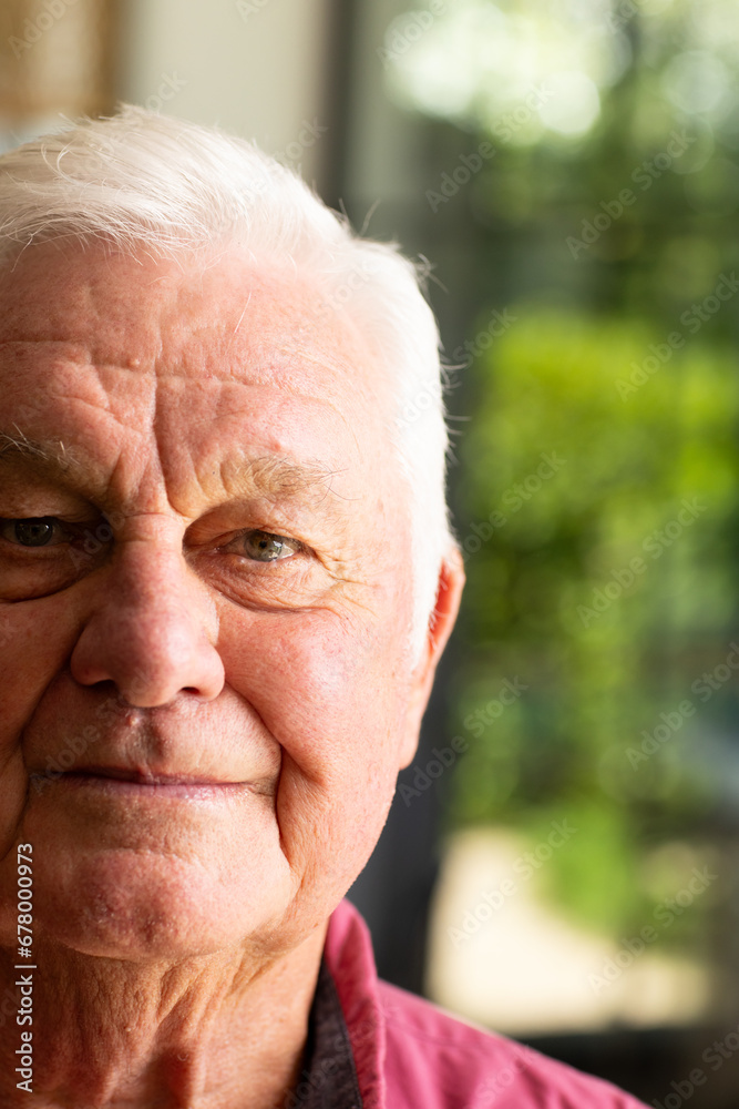 Half portrait of happy caucasian senior man smiling in sunny kitchen at home, copy space Half portrait of happy caucasian senior man smiling in sunny kitchen at home, copy space