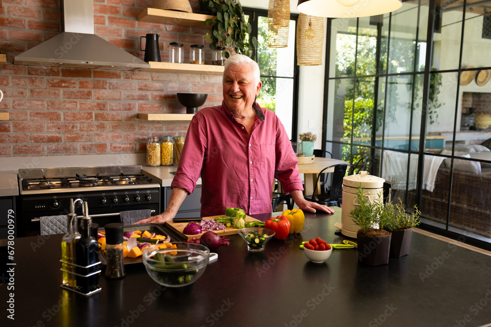 Happy caucasian senior man standing at kitchen counter with fresh vegetables, copy space Happy caucasian senior man standing at kitchen counter with fresh vegetables, copy space