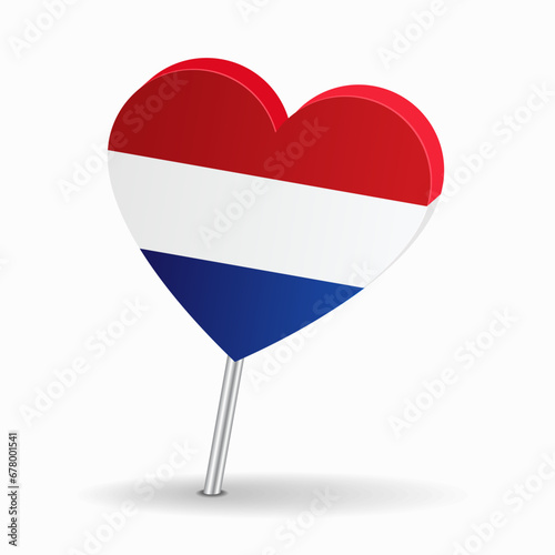 Dutch flag heart-shaped map pointer layout. Vector illustration.
