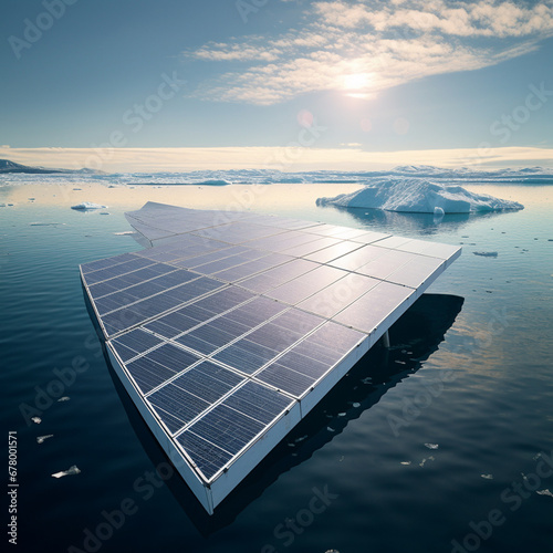 Solar panels charging batteries on water iceberg where polar glaciers in Antarctica by generative AI.
