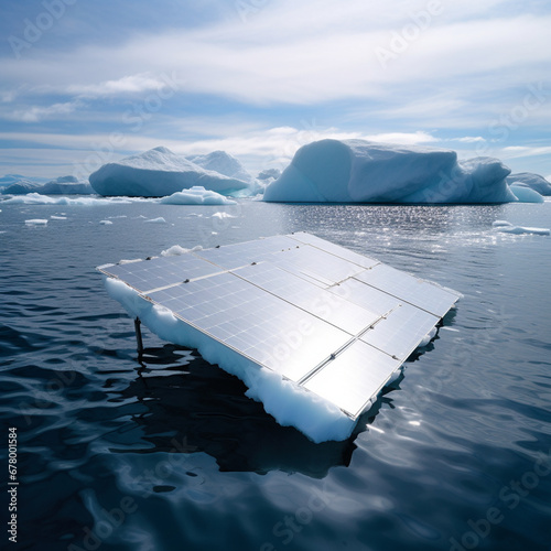 Solar panels charging batteries on water iceberg where polar glaciers in Antarctica by generative AI.