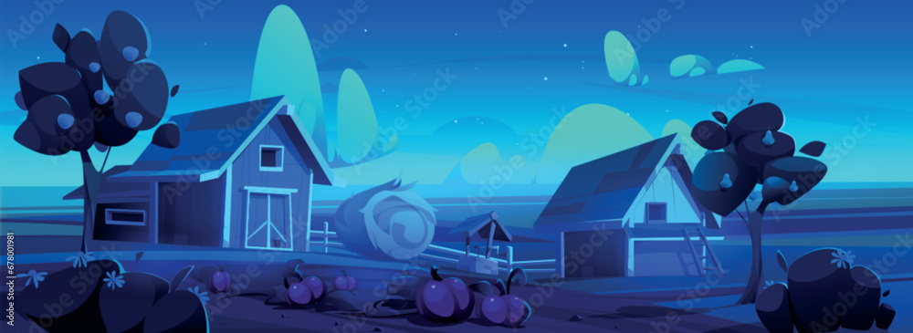 Night farm with barn and haystack. Vector cartoon illustration of rural landscape, dark field under starry sky, pumpkin harvest in vegetable garden, pears and apples on fruit trees, game background