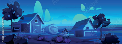 Night farm with barn and haystack. Vector cartoon illustration of rural landscape, dark field under starry sky, pumpkin harvest in vegetable garden, pears and apples on fruit trees, game background