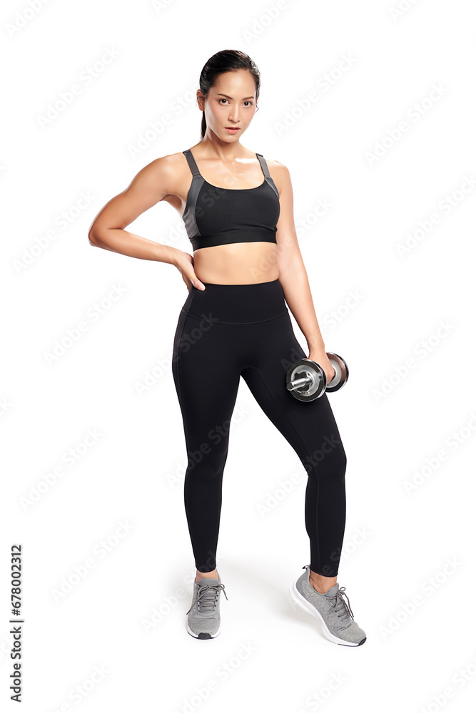 an asian woman is working out with dumbbells wearing the sport exercise suit with white background, an asian woman is working out with dumbbells wearing the sport exercise suit with white background,