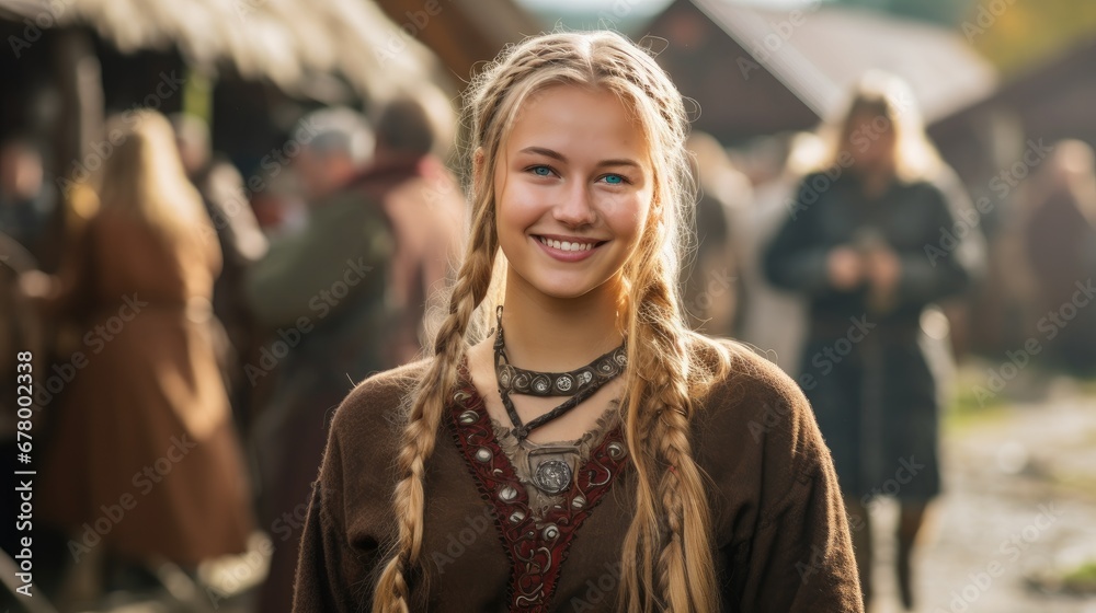 portrait of a blonde viking girl in traditional clothes on a medieval market