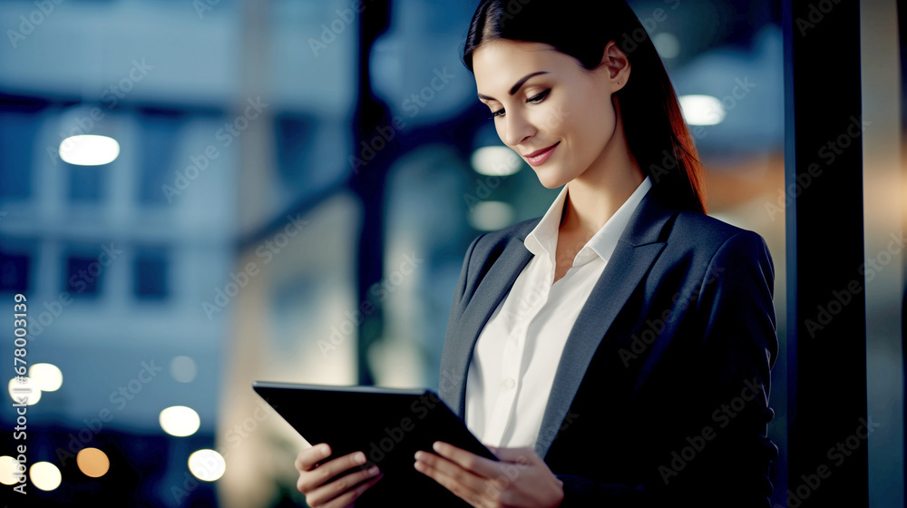 YOUNG HAPPY BUSINESSWOMAN WITH TABLET. legal AI
