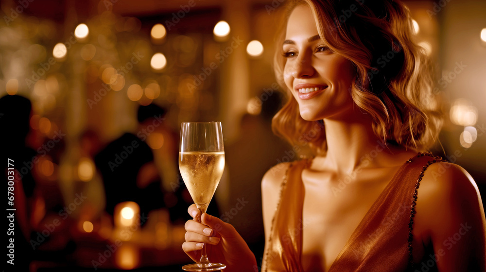 BEAUTIFUL WOMAN IN A RESTAURANT WITH A GLASS OF CHAMPAGNE. legal AI