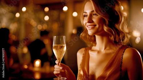BEAUTIFUL WOMAN IN A RESTAURANT WITH A GLASS OF CHAMPAGNE. legal AI