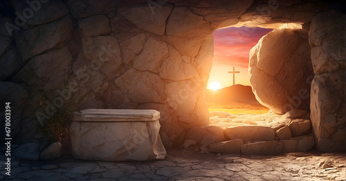 Jesus resurrected from a tomb photo