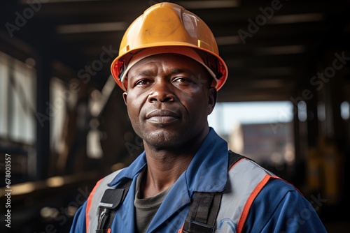 African male mining construction worker wearing safety helmet standing with arms folded © theupperclouds