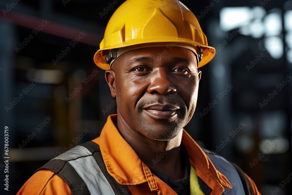 African male mining construction worker wearing safety helmet standing with arms folded African male mining construction worker wearing safety helmet standing with arms folded