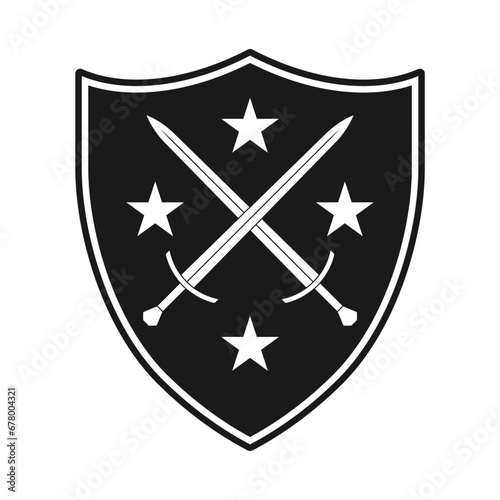 Shield and sword crossed and stars icon. Coat of arms symbol. heraldry logo sign. Vector illustration image.