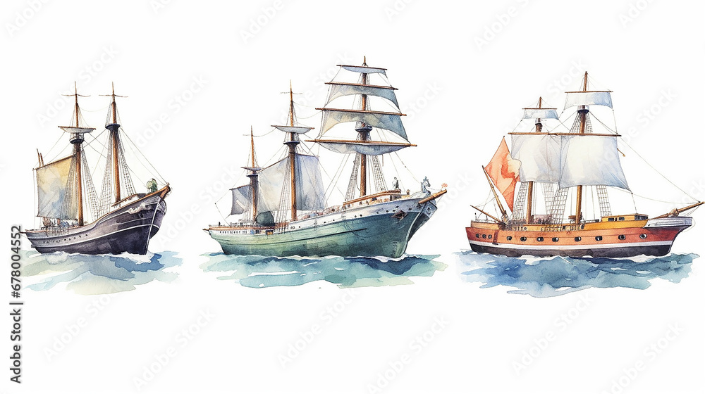 Fototapeta premium collection sailboat watercolor drawing on a white background isolated, AI