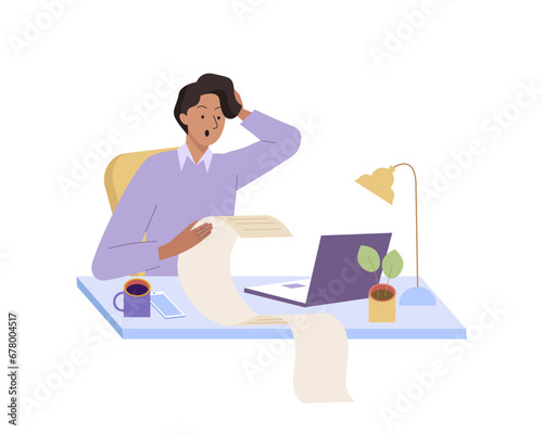 Busy Man holding a long paper feels headache. Stressed person with many tasks, long to-do list and worries about paying a lot of bills