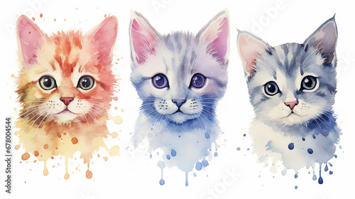 multicolored watercolor cats on a white background isolated.  AI