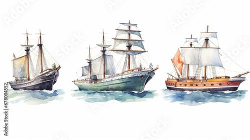 collection sailboat watercolor drawing on a white background isolated, AI
