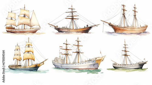collection sailboat watercolor drawing on a white background isolated,  AI photo