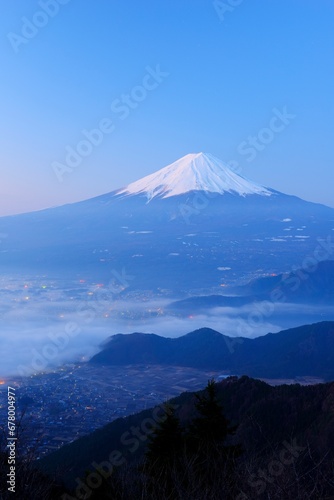 Mt. Fuji and sea of clouds at dawn in Yamanashi Prefecture from Shindo Pass , Japan,Yamanashi Prefecture,Fuefuki, Yamanashi,Minamitsuru District, Yamanashi,Fujikawaguchiko, Yamanashi March 2018 photo