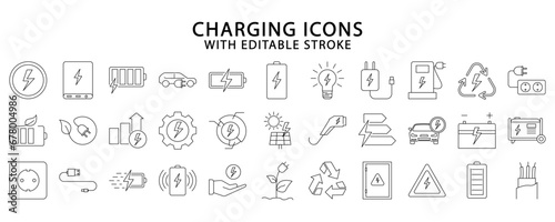 Charging icons. Charging icon set. Charging line icons. Vector illustration. Editable stroke.