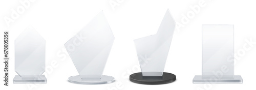 3D glass trophies set isolated on white background. Vector realistic illustration of abstract, rectangular shape winner awards on transparent and black platforms, champion prize, success