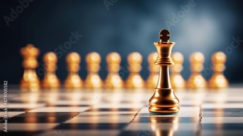 Gold king in chess game surrond with the another gold team. (Concept for company strategy, business crisis or decision)