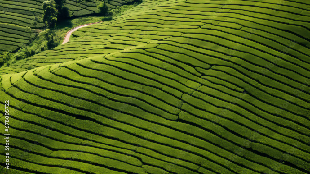 Green tea plantation, top view texture